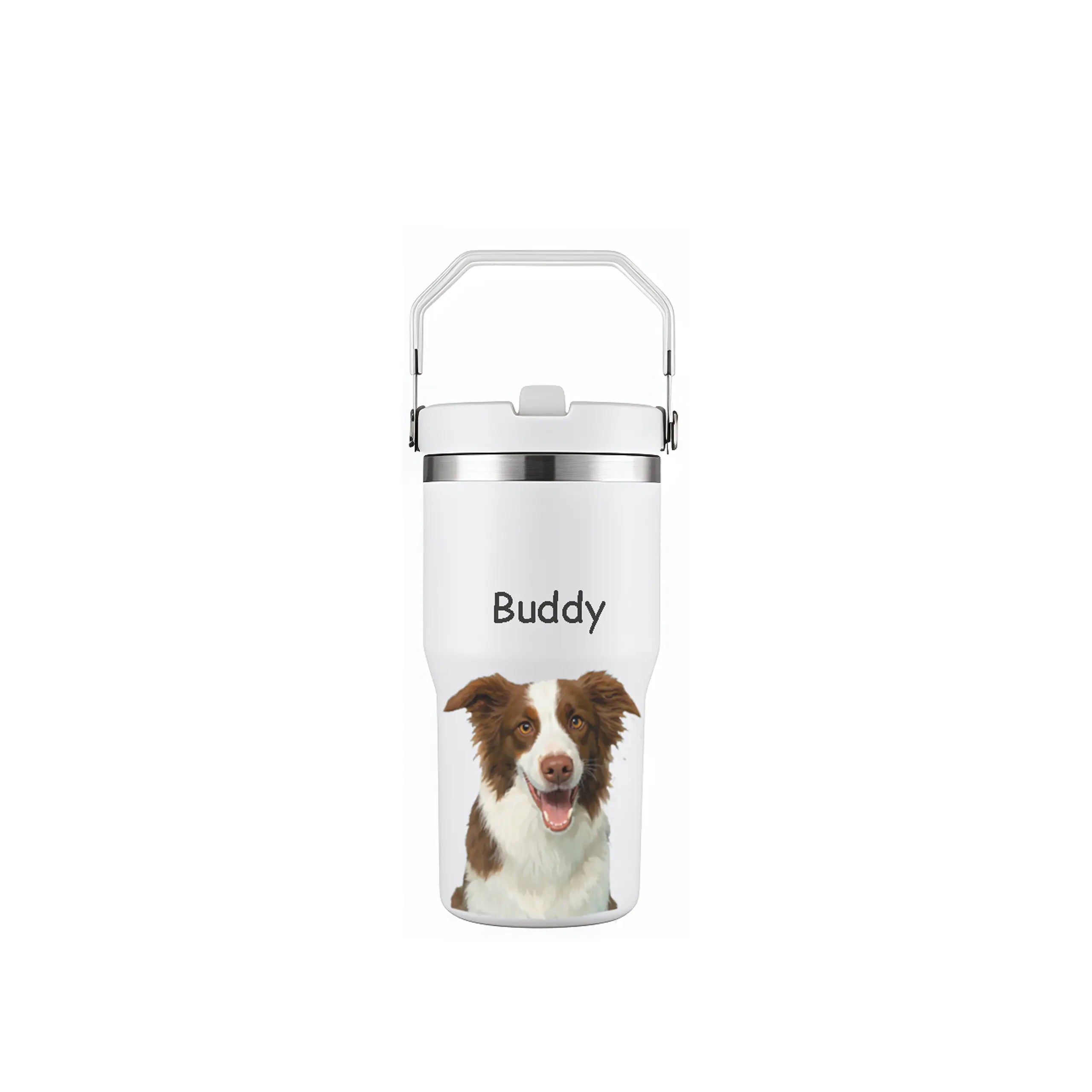 Custom pet portrait tumbler with "Buddy" the Border Collie. Personalized dog painting, unique pet wall art gift.