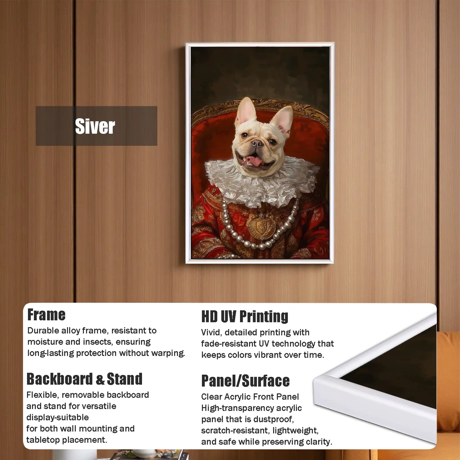 Framed custom royal French Bulldog portrait in Renaissance queen costume with ruffled collar and pearls, featuring a white alloy frame, HD UV printing, and clear acrylic panel.