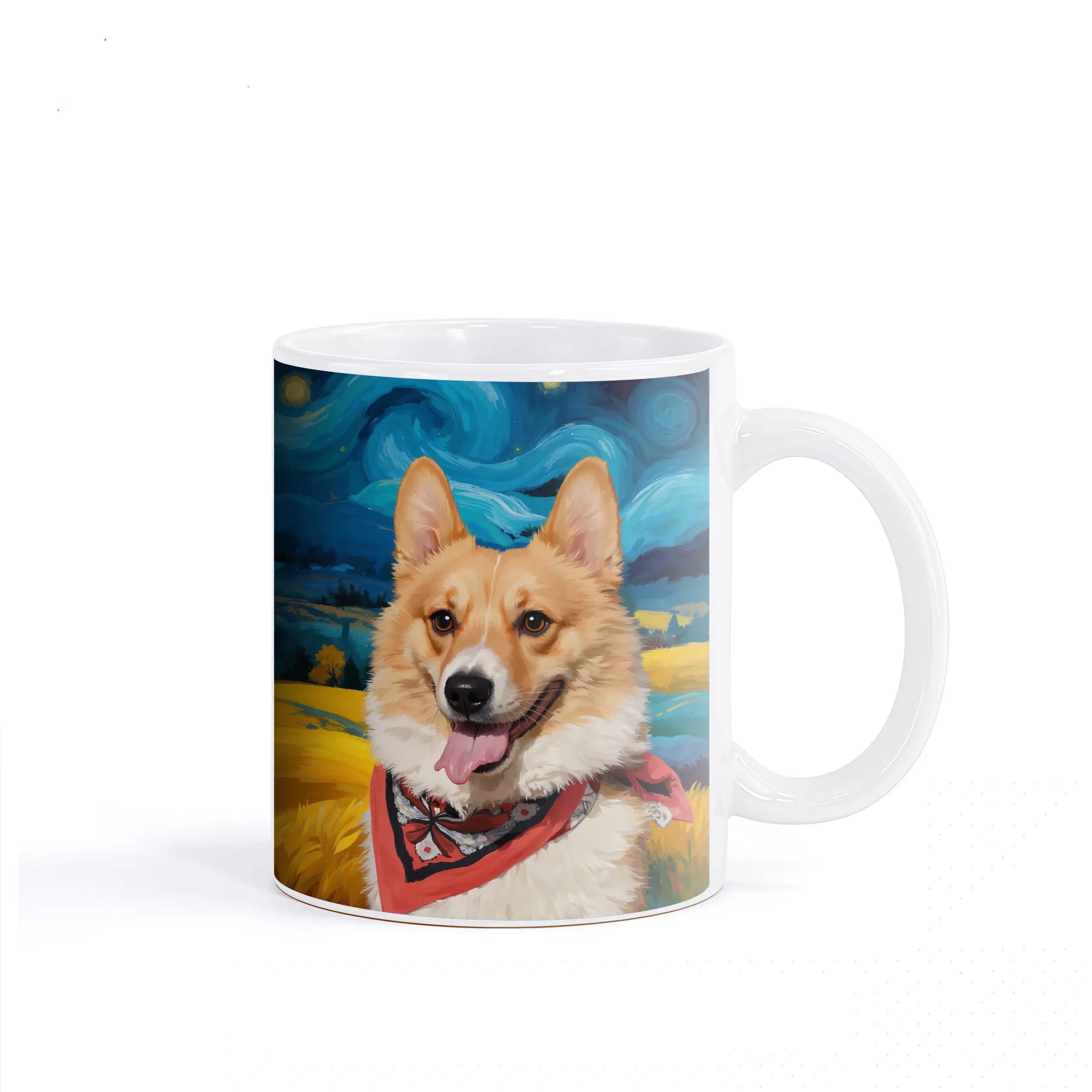 White ceramic mug featuring a Corgi dog portrait in a Van Gogh Starry Night style with a red bandana.