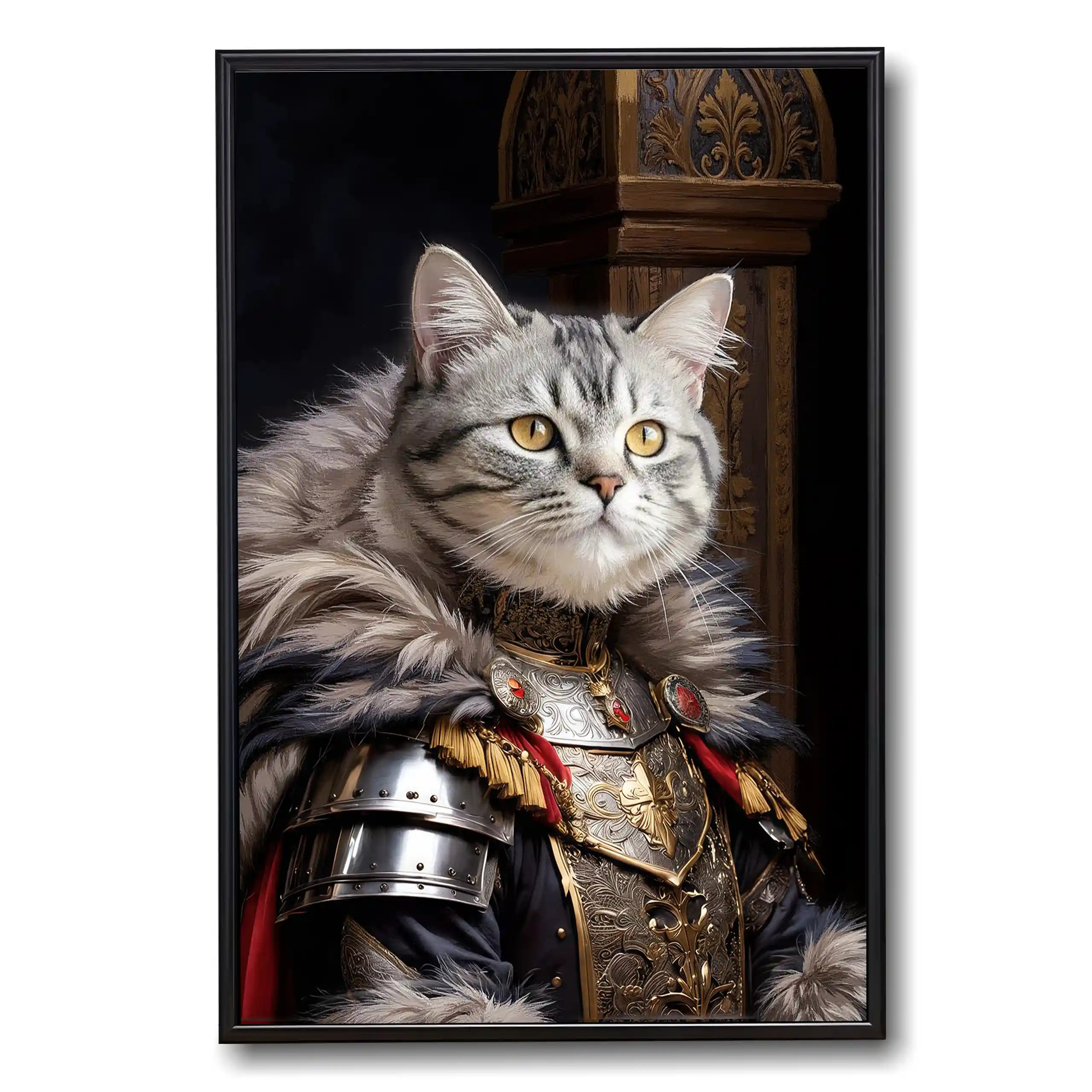 Regal silver tabby cat portrait in ornate gold and silver armor with fur trim, fantasy style.