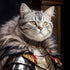 Majestic grey tabby cat in ornate gold and silver medieval knight armor with a fur cloak, regal animal portrait.