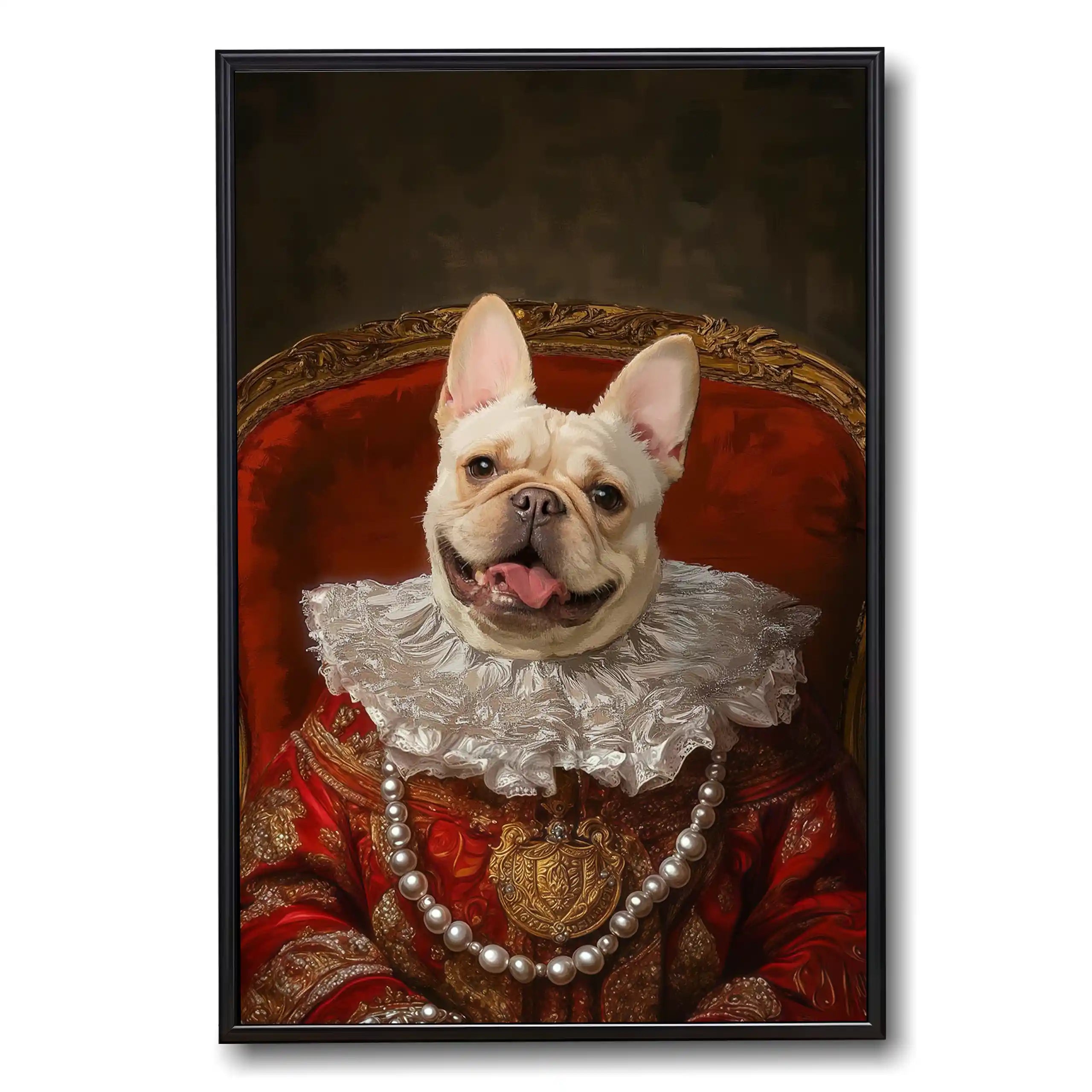 French Bulldog Queen royal pet portrait in red gown with ruff collar and pearl necklace, custom framed artwork.