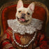 Royal French Bulldog portrait in red noble costume, elegant dog art with white ruff collar and pearl necklace.
