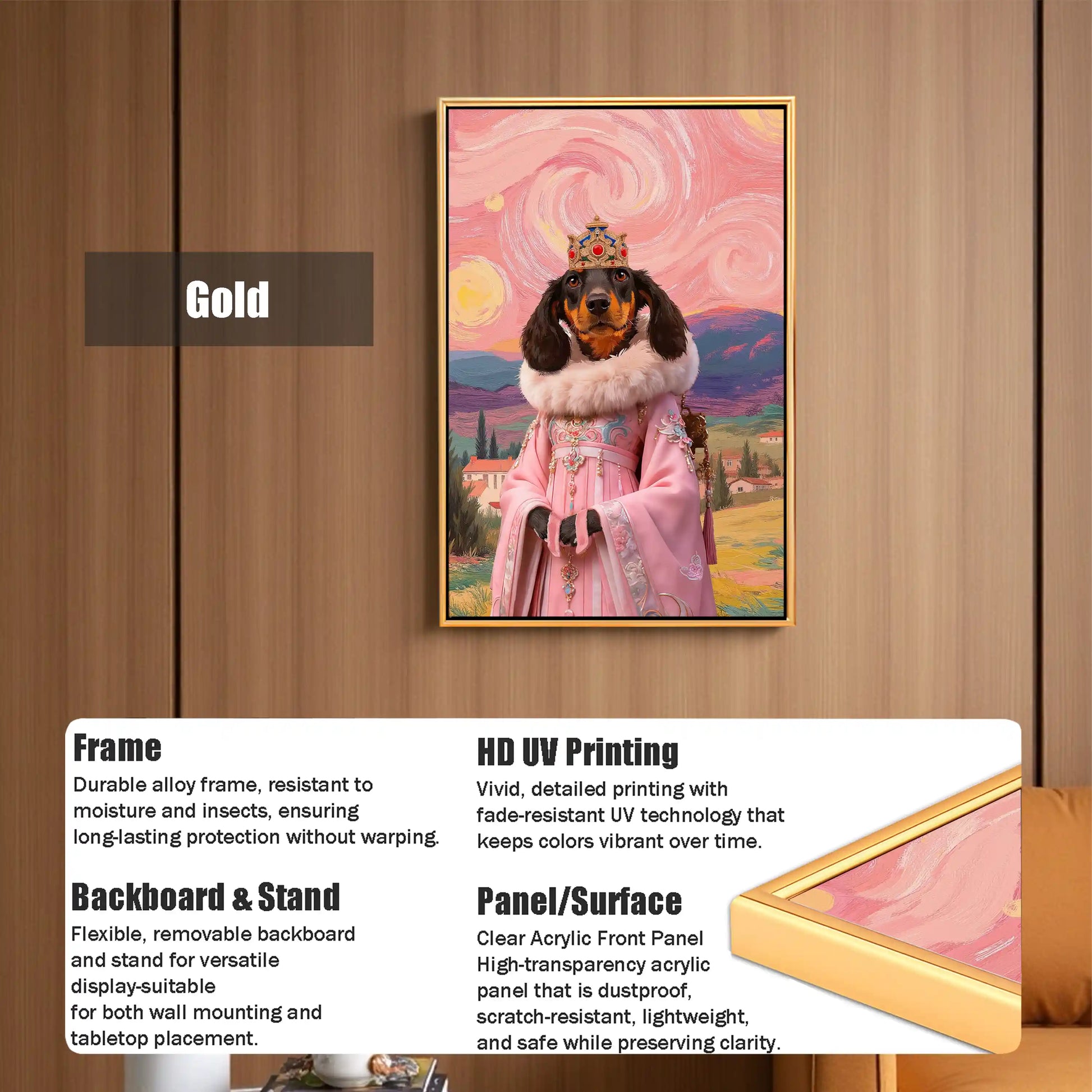 Custom royal dachshund portrait in a pink regal outfit with a crown, gold framed wall art with clear acrylic panel, against a Starry Night-style background, perfect as personalized pet artwork or a unique pet lover gift.