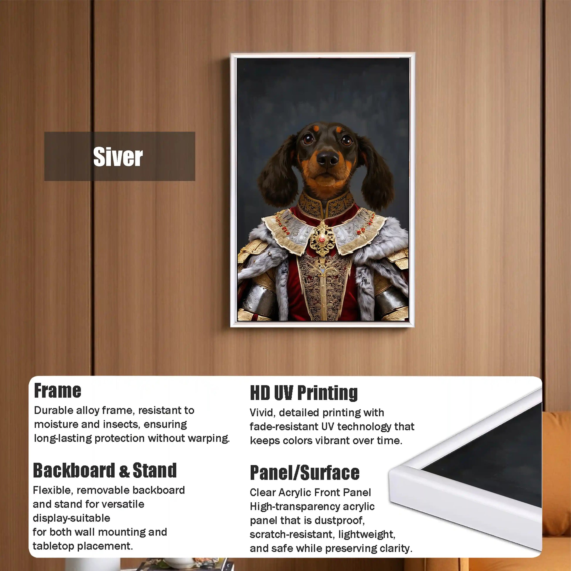 Framed royal pet portrait of a long-haired black and tan dog in regal attire, showcasing a durable alloy frame, vivid HD UV printing, clear acrylic front panel, and versatile backboard stand for wall or tabletop display.