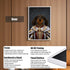 Framed royal pet portrait of a long-haired black and tan dog in regal attire, showcasing a durable alloy frame, vivid HD UV printing, clear acrylic front panel, and versatile backboard stand for wall or tabletop display.