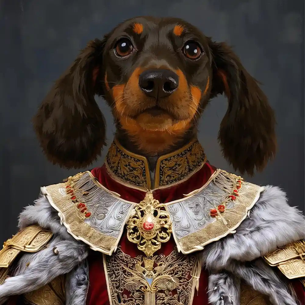 Dachshund dog in regal red and gold royal costume with fur, custom pet portrait