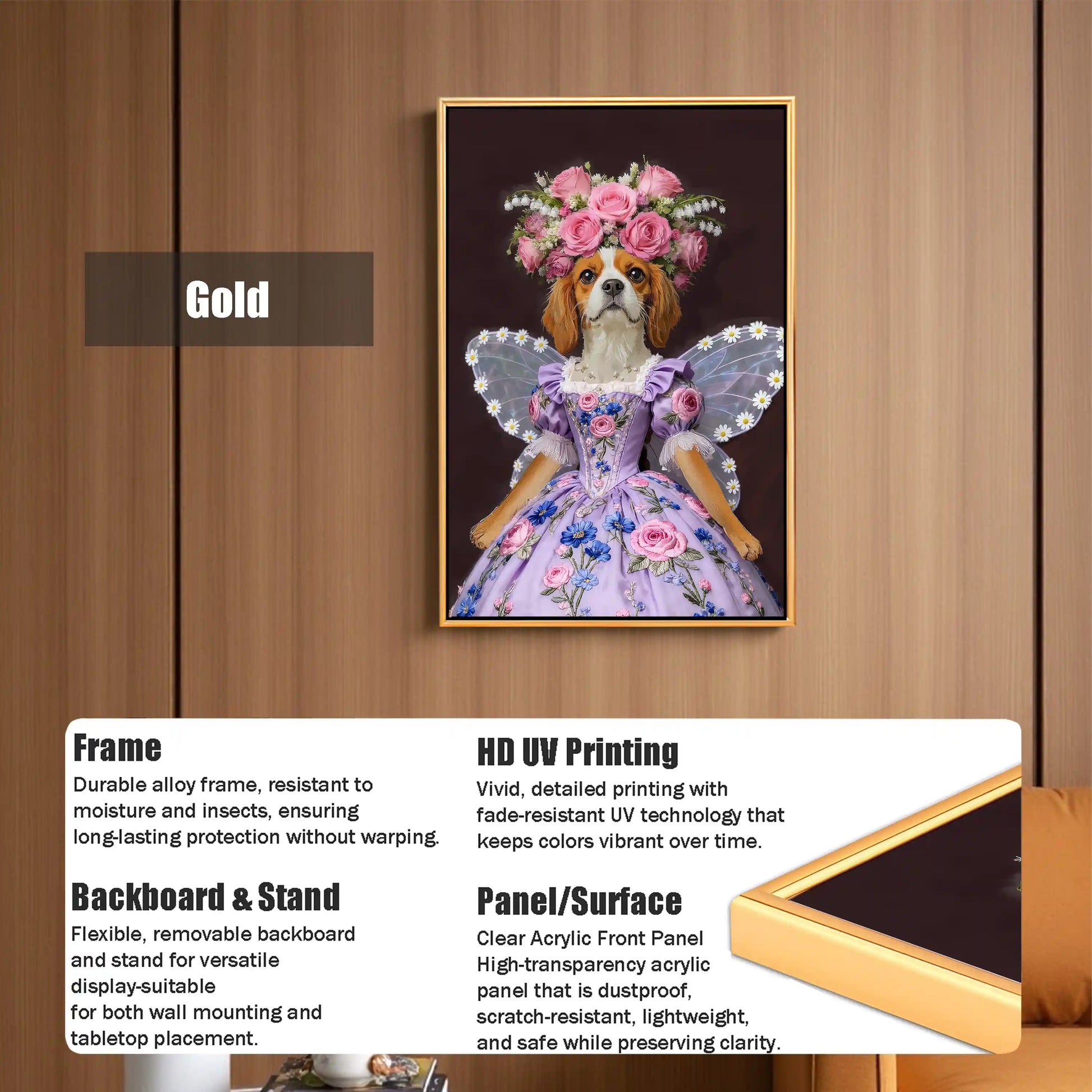 Gold framed Cavalier King Charles Spaniel puppy princess fairy wall art with flower crown and wings, ready to hang canvas print for pet lovers home decor.