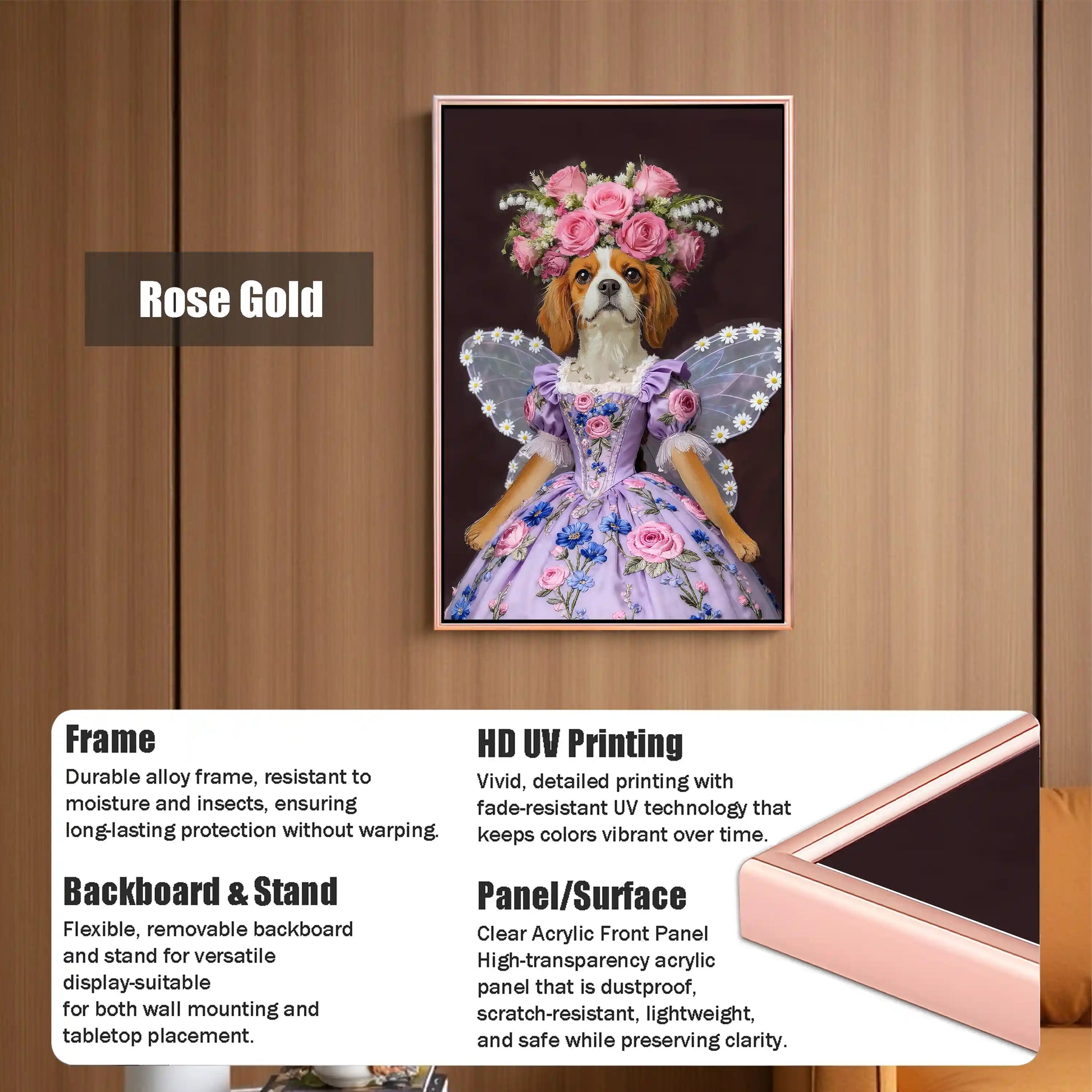 Rose gold framed wall art of a dog in a purple floral fairy dress with wings and flower crown, featuring HD UV printing and clear acrylic panel, for wall or tabletop display.