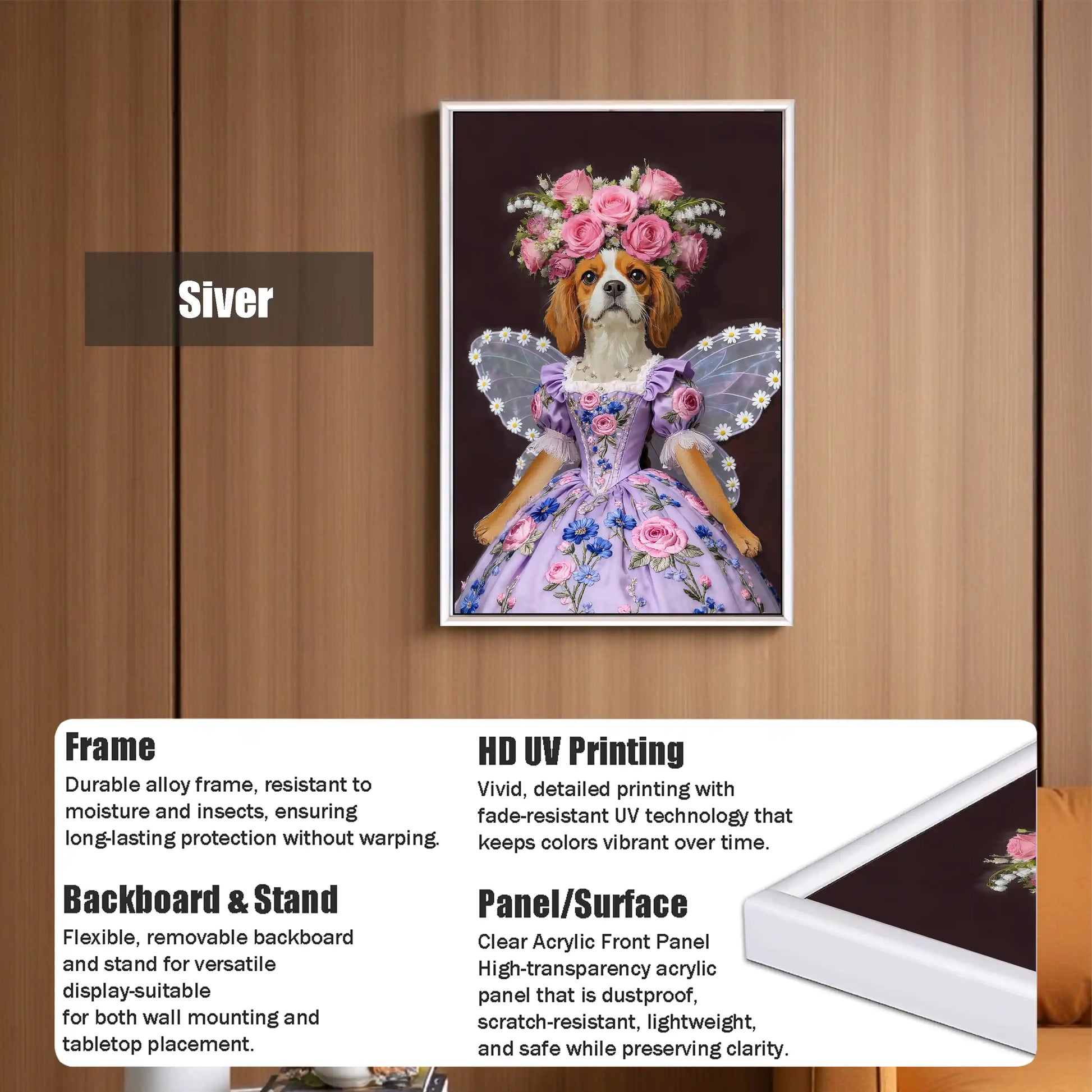 Siver framed wall art featuring a Cavalier King Charles Spaniel dog as a fairy princess with a rose crown and lavender floral dress, highlighting a durable alloy frame, vivid HD UV printing, and clear acrylic panel.