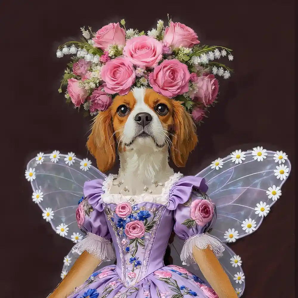 Whimsical Cavalier King Charles Spaniel dog in purple fairy dress with pink rose flower crown and daisy wings.