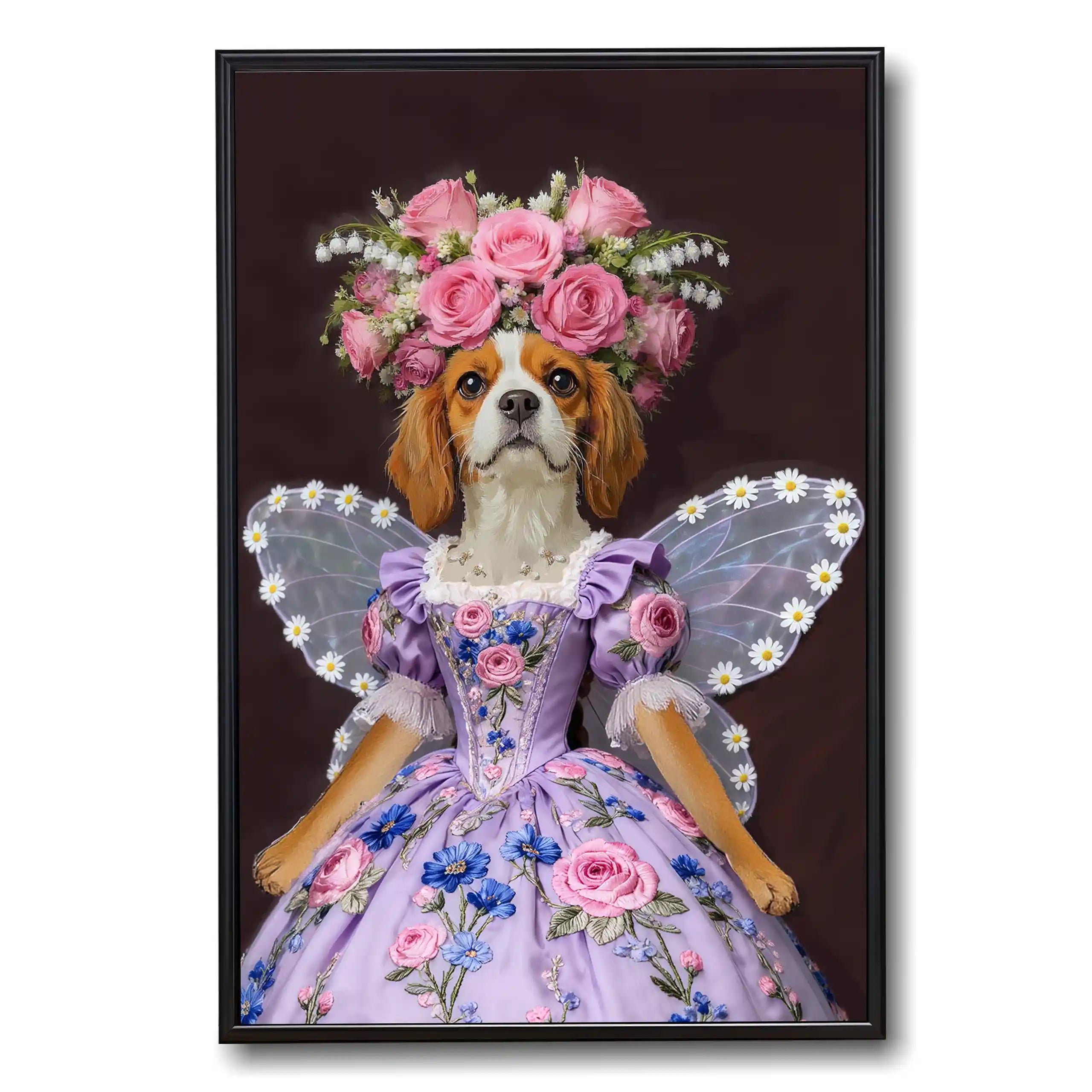 Cavalier King Charles Spaniel dog in a purple floral princess dress, pink rose flower crown, and daisy fairy wings, framed.