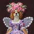 Whimsical Cavalier King Charles Spaniel dog in purple fairy dress with pink rose flower crown and daisy wings.