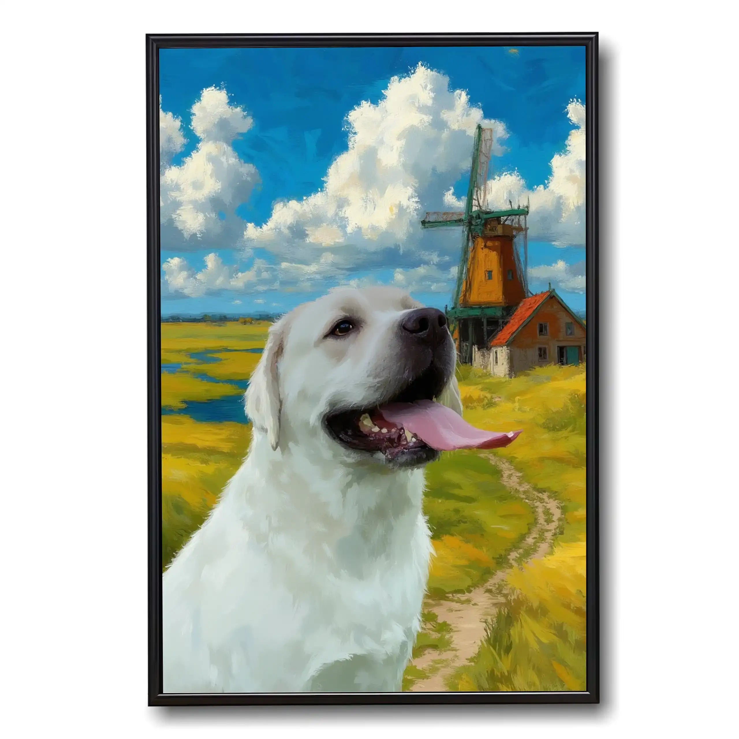 Custom pet portrait oil painting of a white Labrador. Personalized dog painting wall art, perfect pet owner gift.