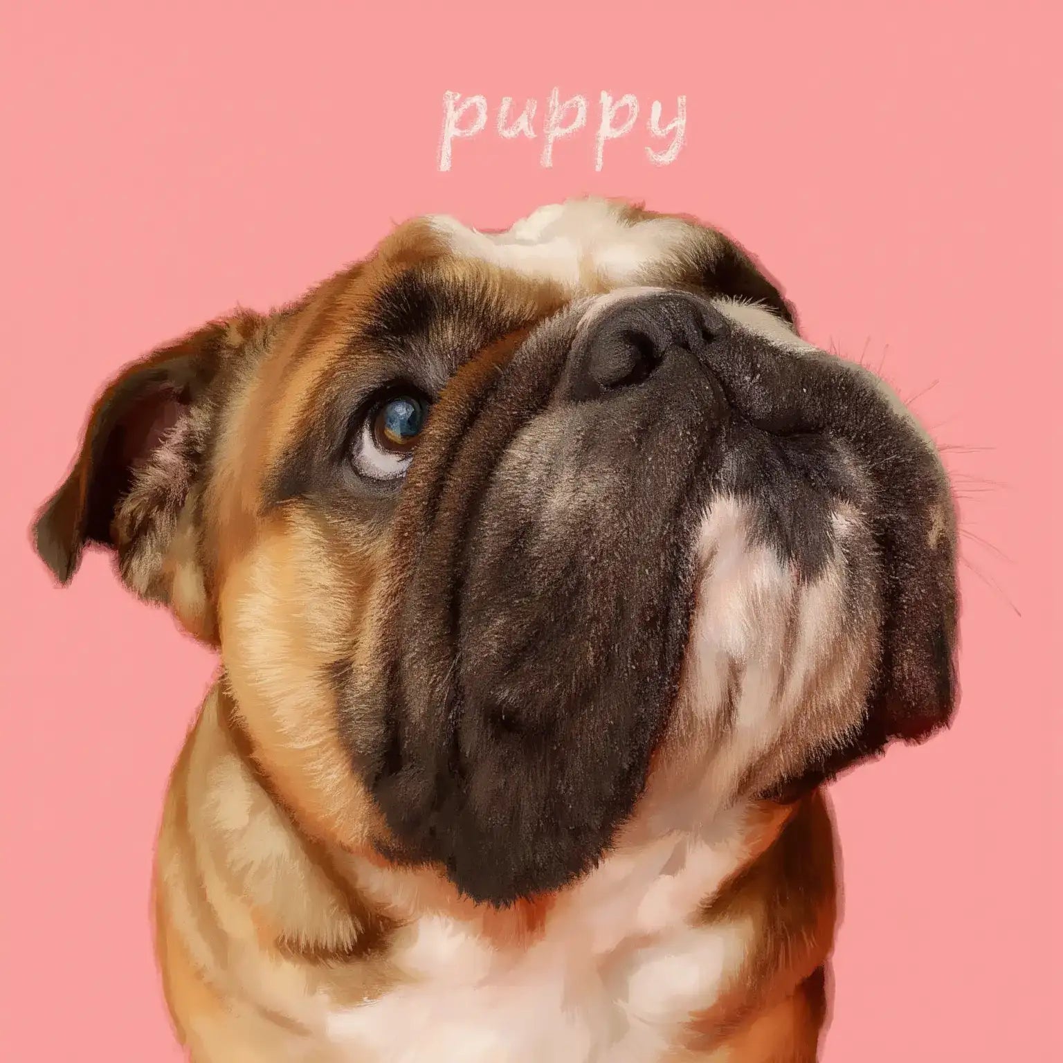 Custom bulldog puppy portrait, personalized dog painting wall art gift, pink background.