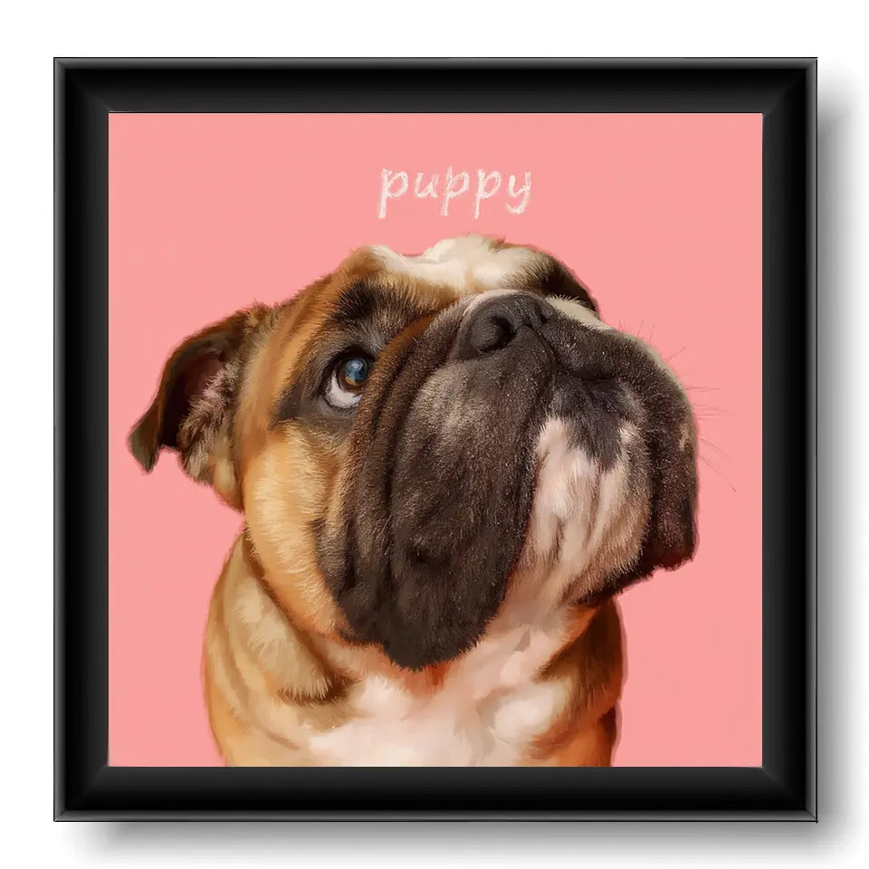 Framed bulldog puppy custom pet portrait, a personalized dog painting and unique pet wall art gift idea.