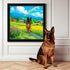 Custom German Shepherd pet portrait painting, personalized dog wall art gift. Dog sits by vibrant artwork.