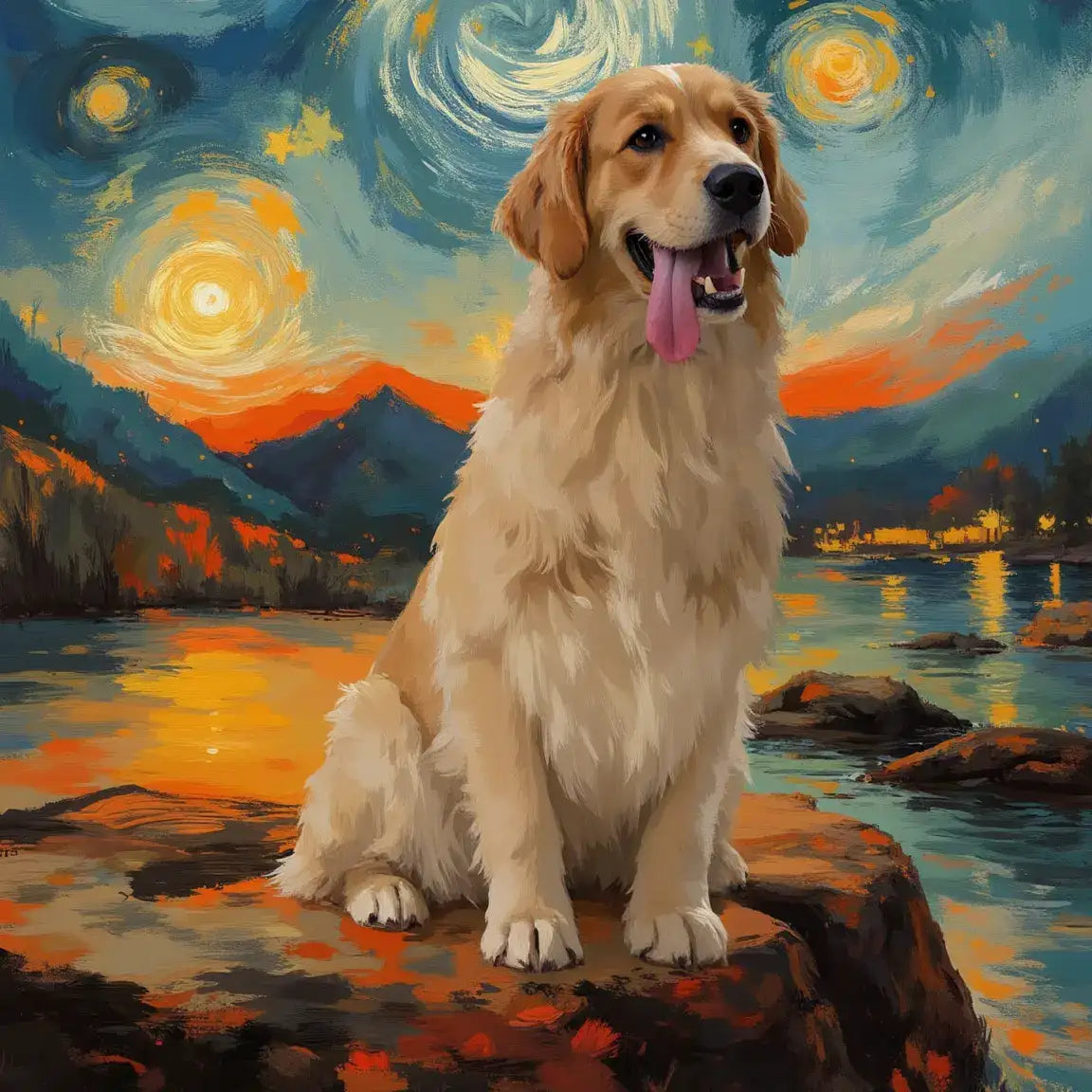 Custom golden retriever portrait painting, personalized dog art, Van Gogh style pet wall art gift.