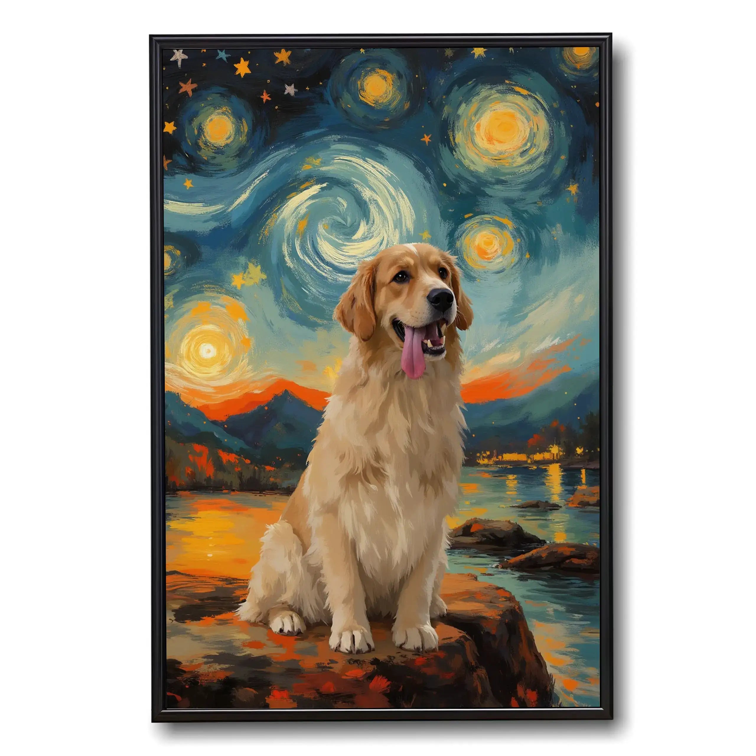 Custom Golden Retriever pet portrait, Starry Night style. Personalized dog painting, unique pet wall art gift.