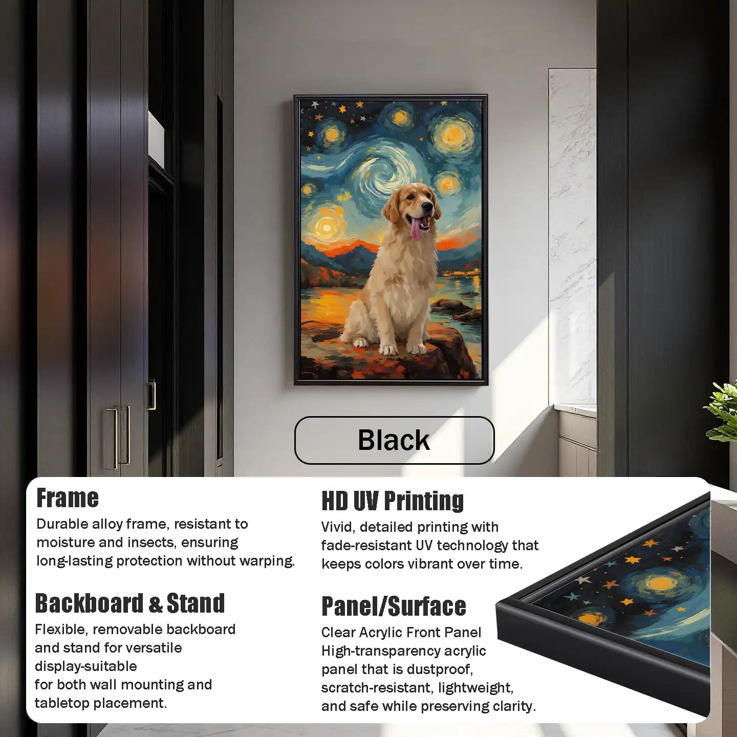 Personalized Golden Retriever dog portrait, Starry Night style pet painting wall art gift.