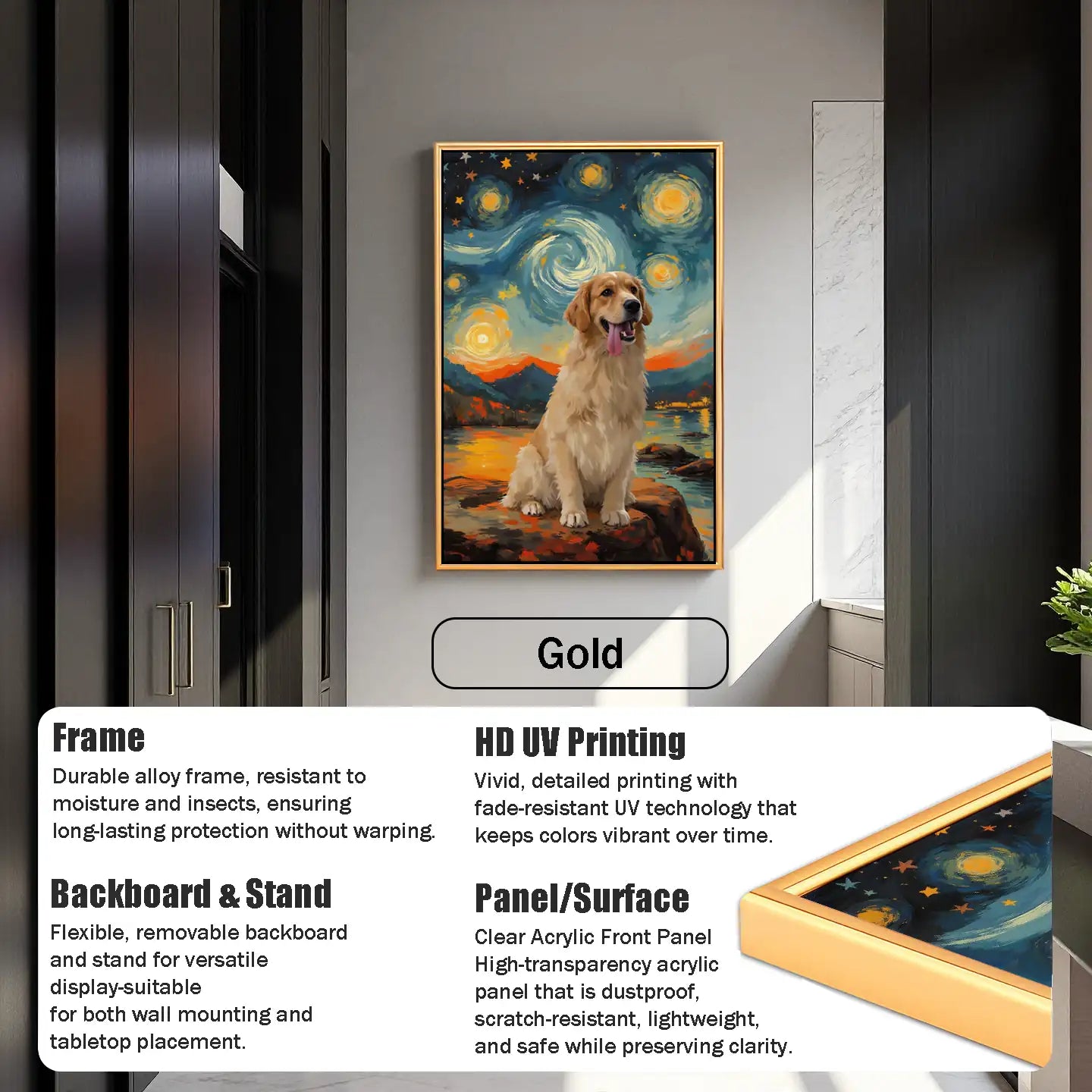 Custom Golden Retriever personalized dog painting, Starry Night art, gold frame pet wall art gift.