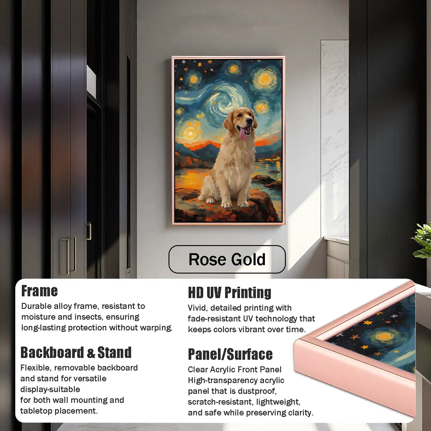 Rose Gold framed custom pet portrait painting of Golden Retriever, personalized dog wall art gift.