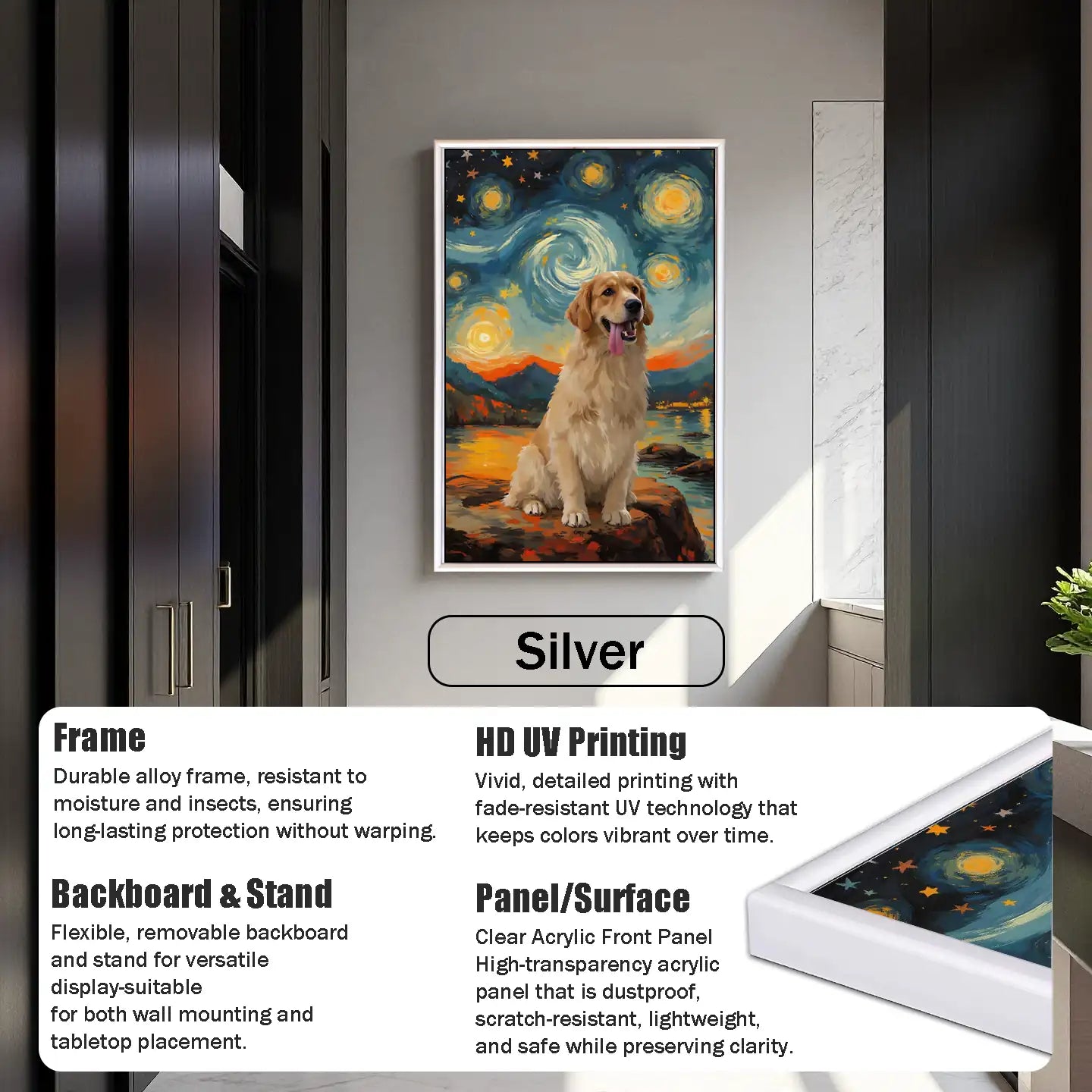 Silver framed custom Golden Retriever pet portrait, Starry Night style. Personalized dog wall art gift.
