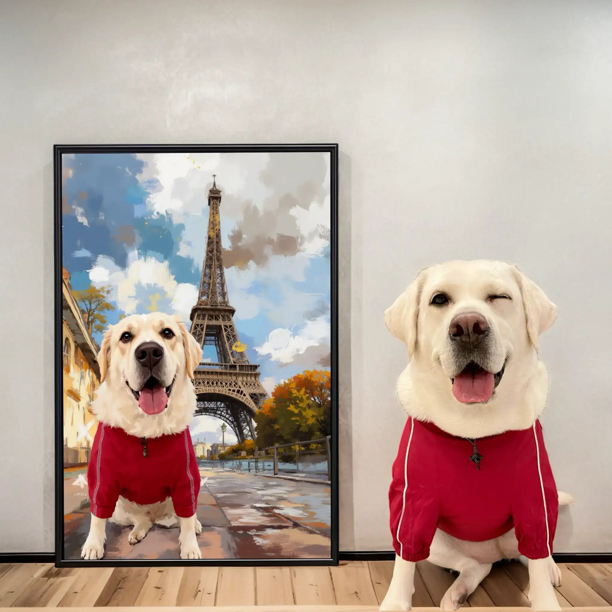 Custom pet portrait painting: personalized dog wall art gift, white Lab in red with Eiffel Tower background.