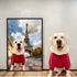 Custom pet portrait painting: personalized dog wall art gift, white Lab in red with Eiffel Tower background.