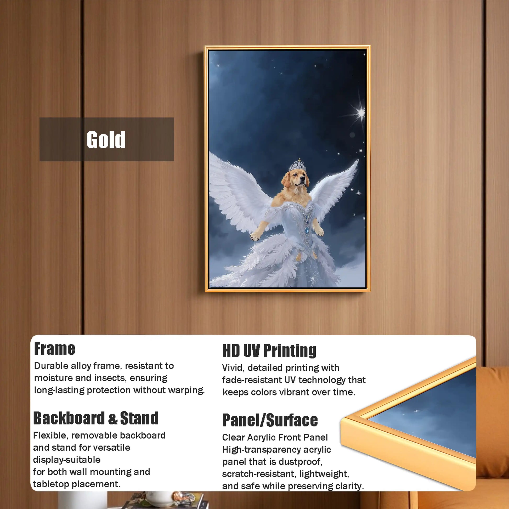 Golden retriever angel dog framed wall art with gold alloy frame, HD UV printed on clear acrylic panel, for wall or tabletop display.