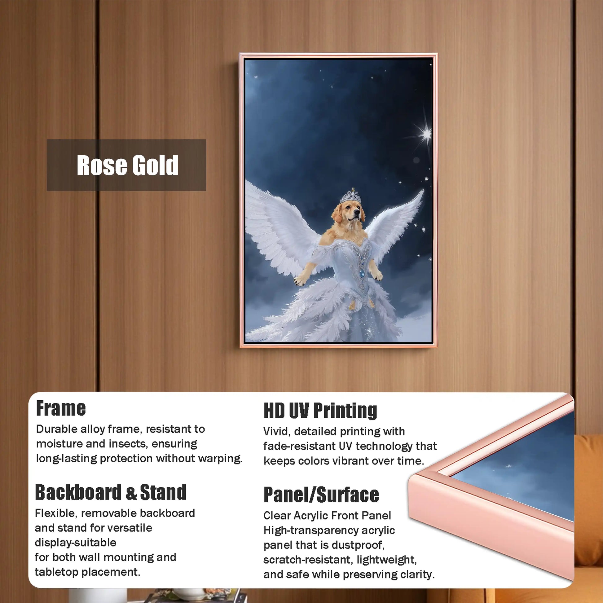 Rose Gold framed artwork featuring an Angel Dog Golden Retriever, perfect for wall mount or tabletop display.