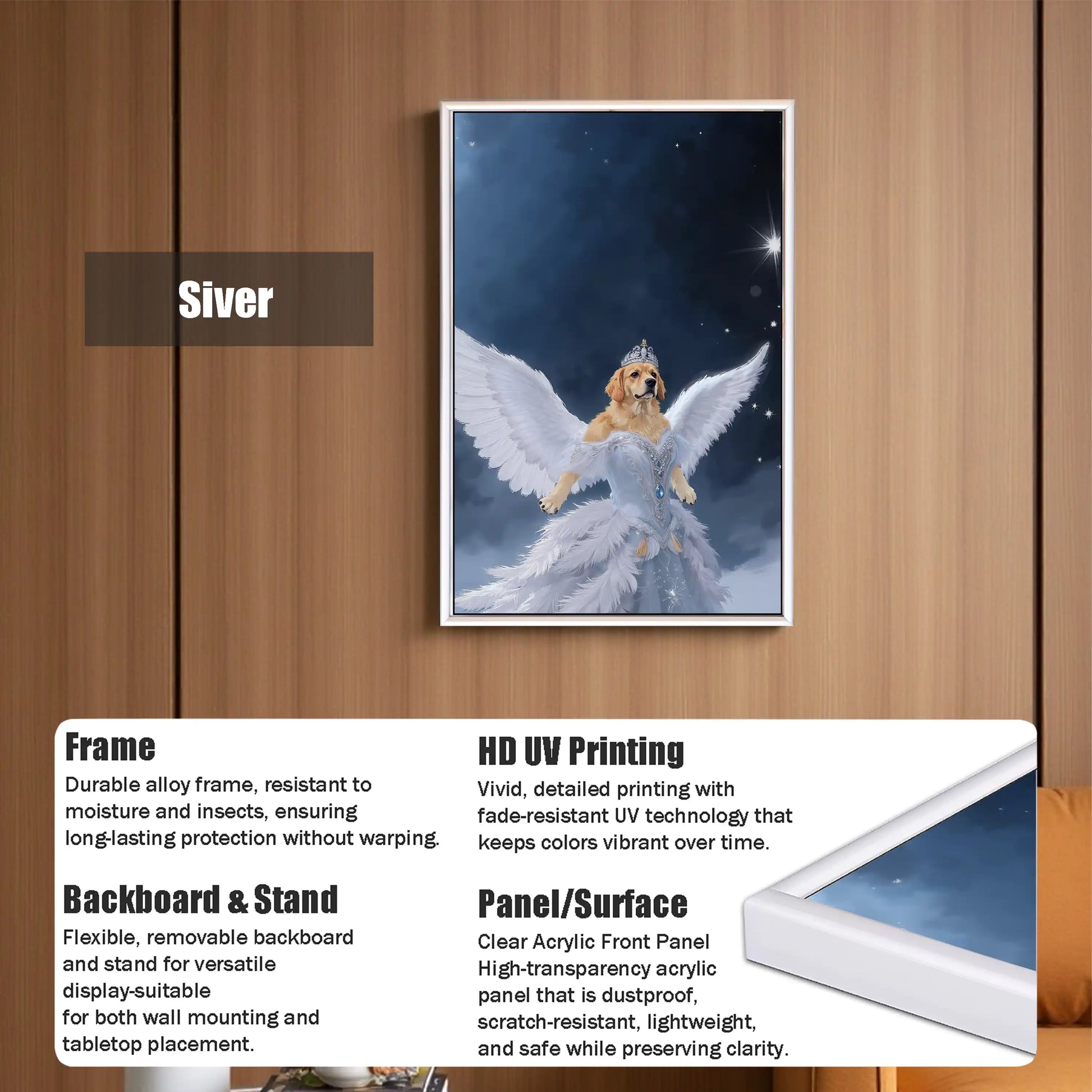 Framed art print of an angelic golden retriever dog with wings and a crown, highlighting its durable alloy frame, HD UV printing, and clear acrylic panel for versatile display.