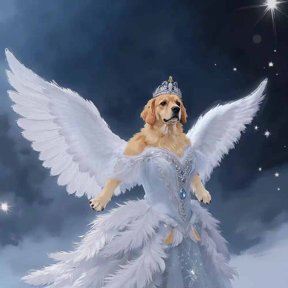 Angelic Golden Retriever dog with crown, white wings, and elegant white feathery gown against starry night sky.