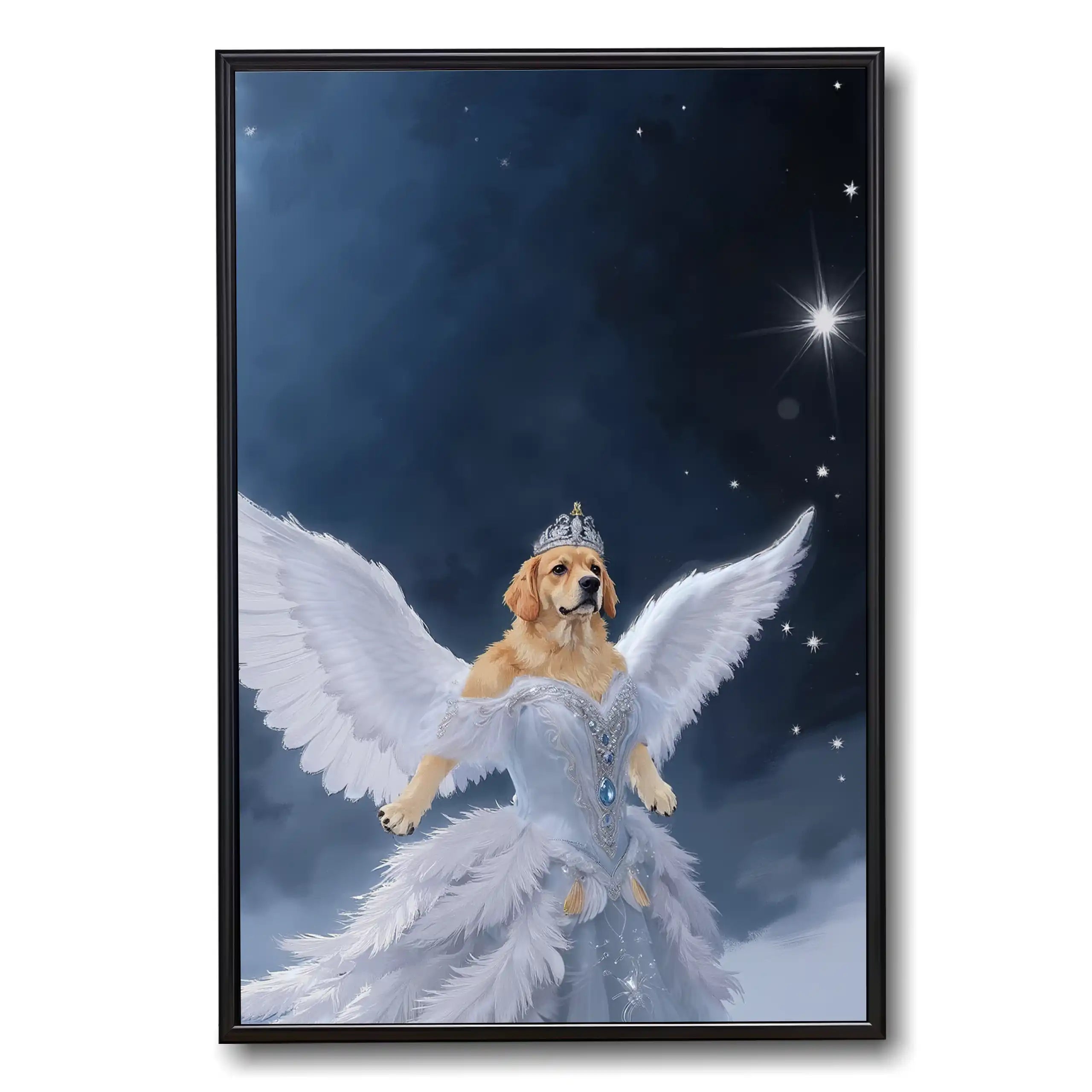 Golden Retriever dog angel pet portrait wearing a crown, white wings, and a feathered gown under a starry night sky.