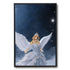 Golden Retriever dog angel pet portrait wearing a crown, white wings, and a feathered gown under a starry night sky.