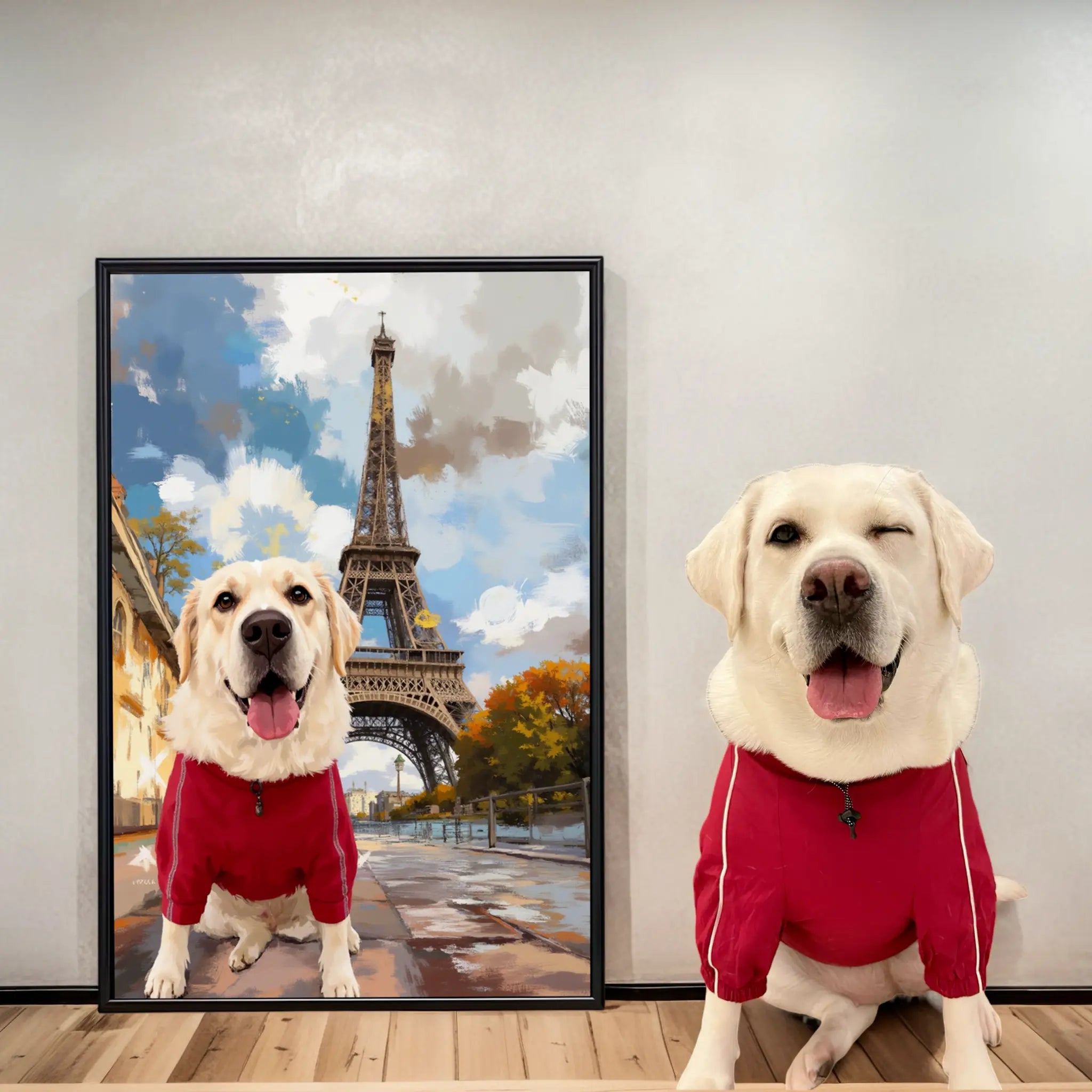 Custom pet portrait painting: personalized dog wall art gift, white Lab in red with Eiffel Tower background.