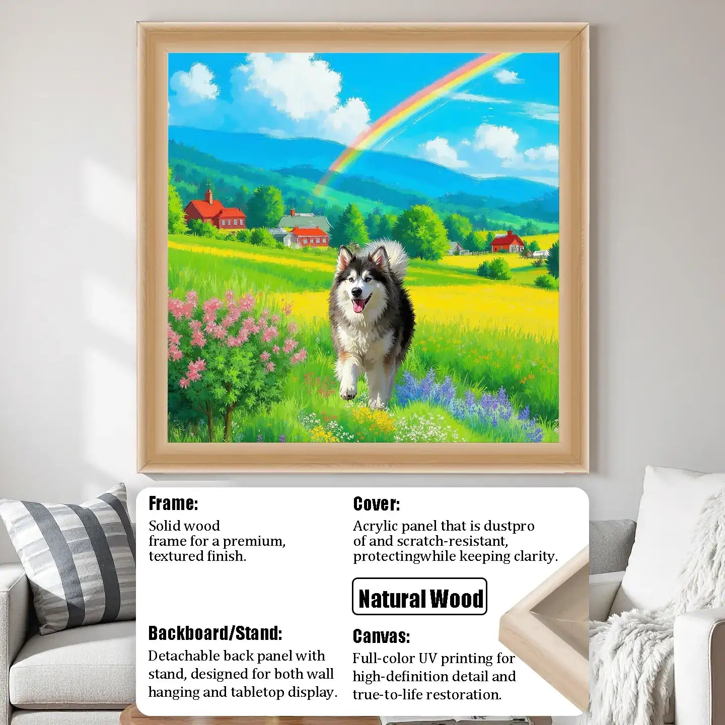 Natural wood framed custom pet portrait of a husky, personalized dog painting, ideal pet wall art gift.