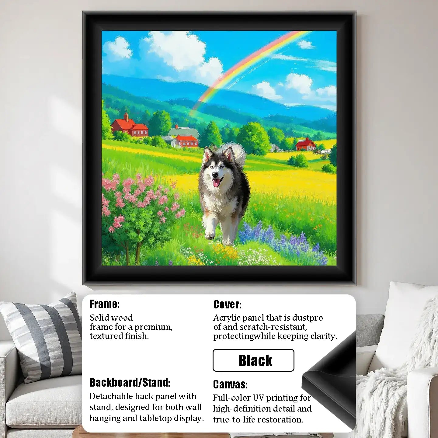 Custom pet portrait, black framed Malamute dog art, personalized pet wall art gift.