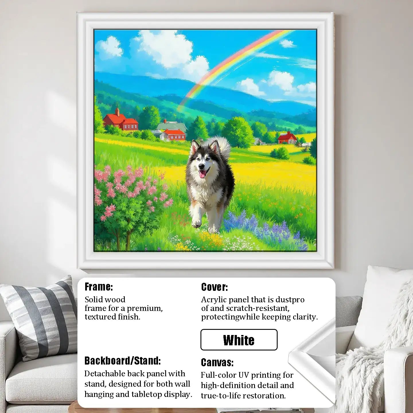 Framed custom pet portrait: happy dog in colorful field, rainbow. Personalized pet painting, unique wall art gift.
