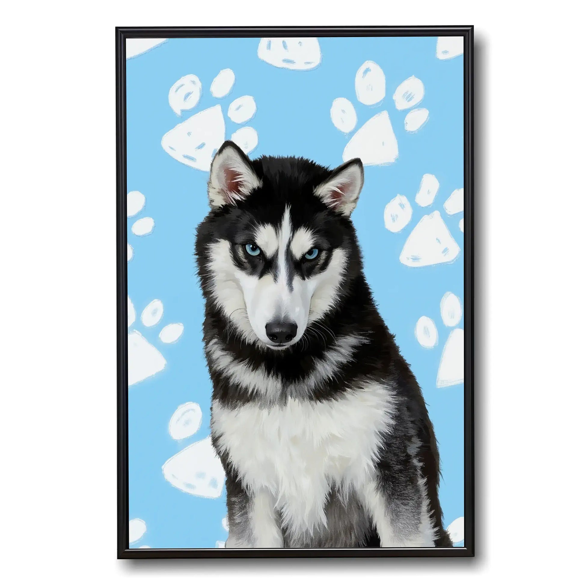 Custom husky dog portrait, personalized pet painting, unique dog wall art gift with blue eyes and paw prints.