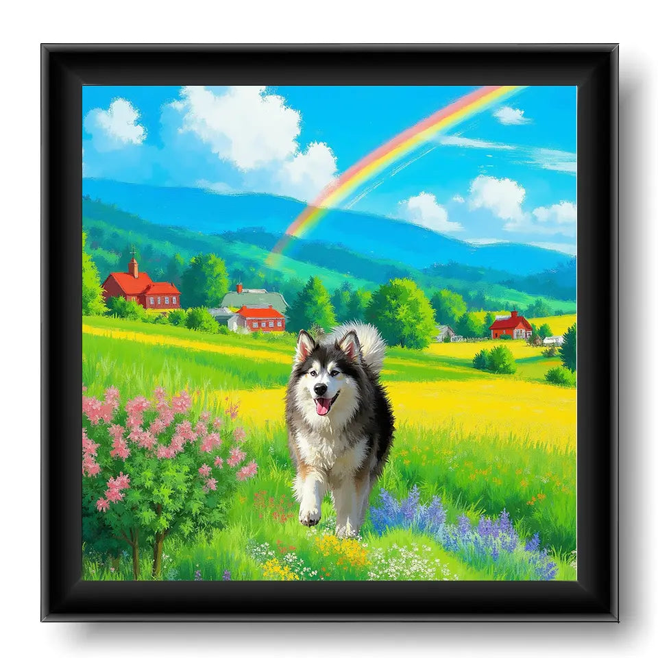 Custom pet portrait: personalized painting of a happy Malamute in a colorful landscape. Pet wall art gift.