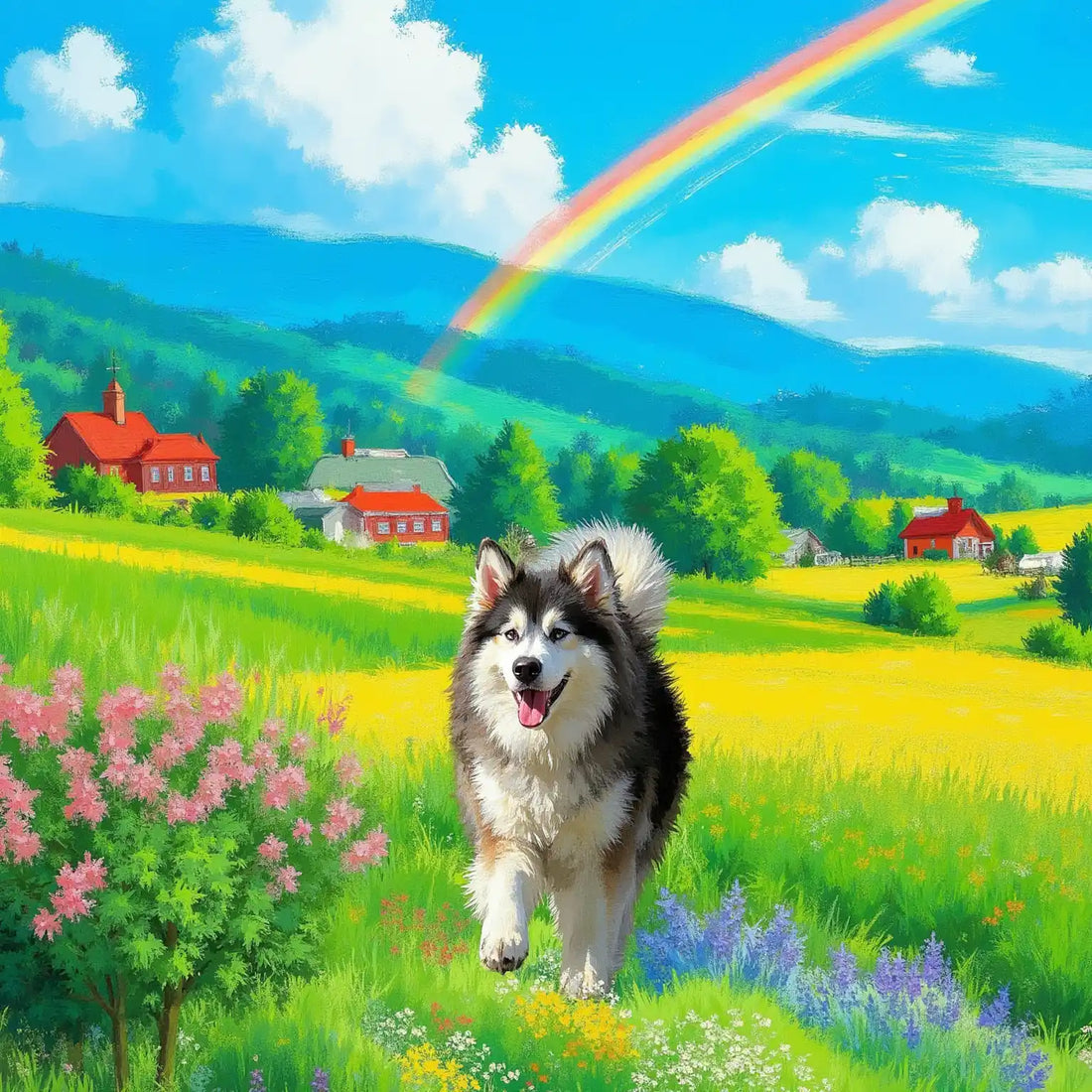 Custom pet portrait: fluffy dog running in vibrant rainbow landscape. Personalized dog painting, unique pet wall art gift.