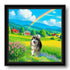 Custom pet portrait: personalized painting of a happy Malamute in a colorful landscape. Pet wall art gift.