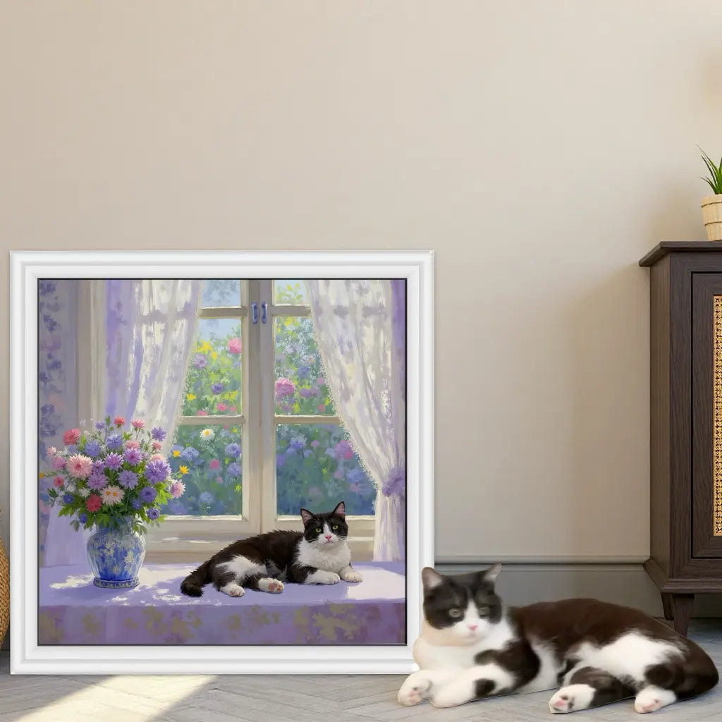 Custom pet portrait painting of a black and white cat by a window, personalized cat wall art gift.