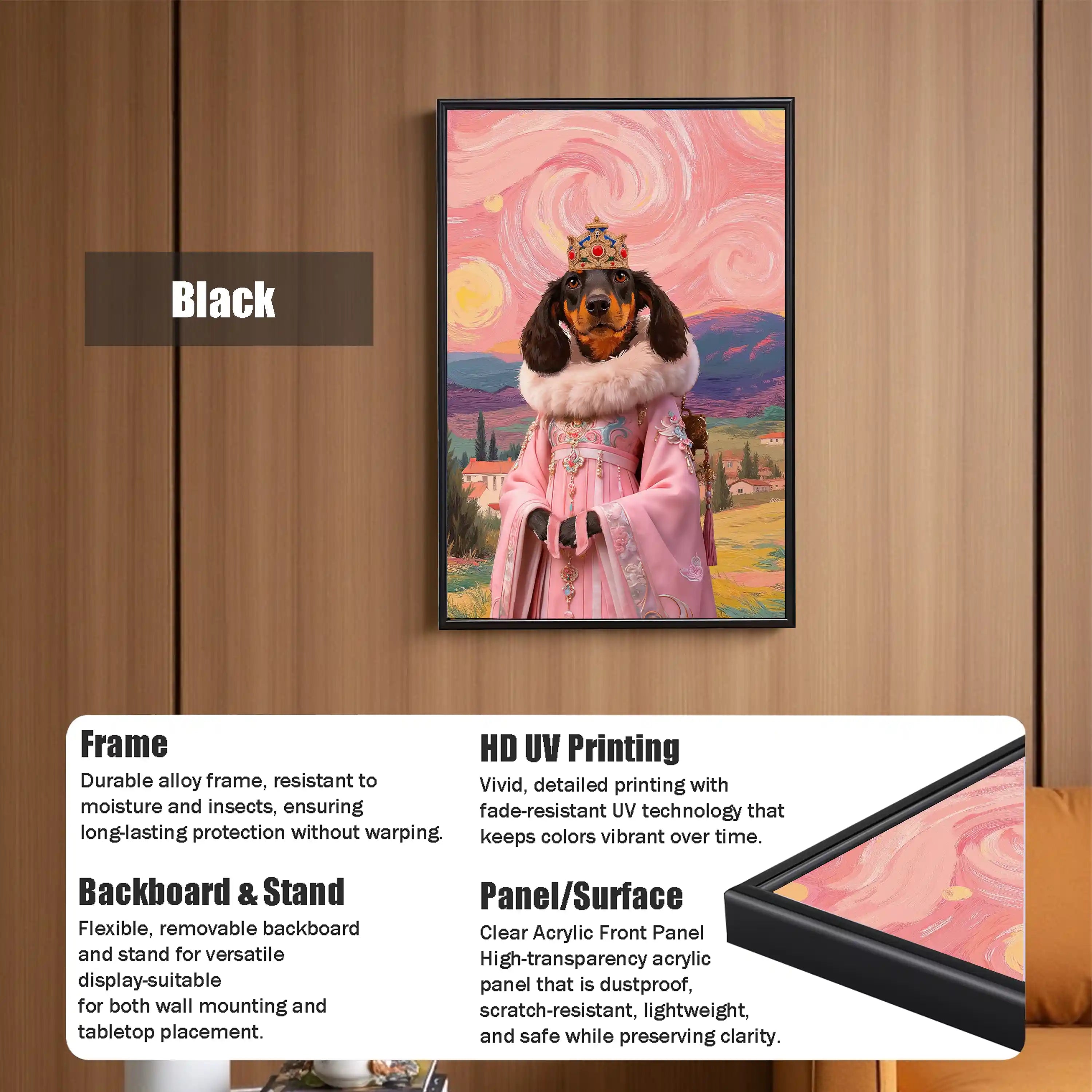 Black frame for customizable posters, displaying a unique art print of a Dachshund dog in a pink dress with a crown, made with durable alloy and clear acrylic for wall art or tabletop display.