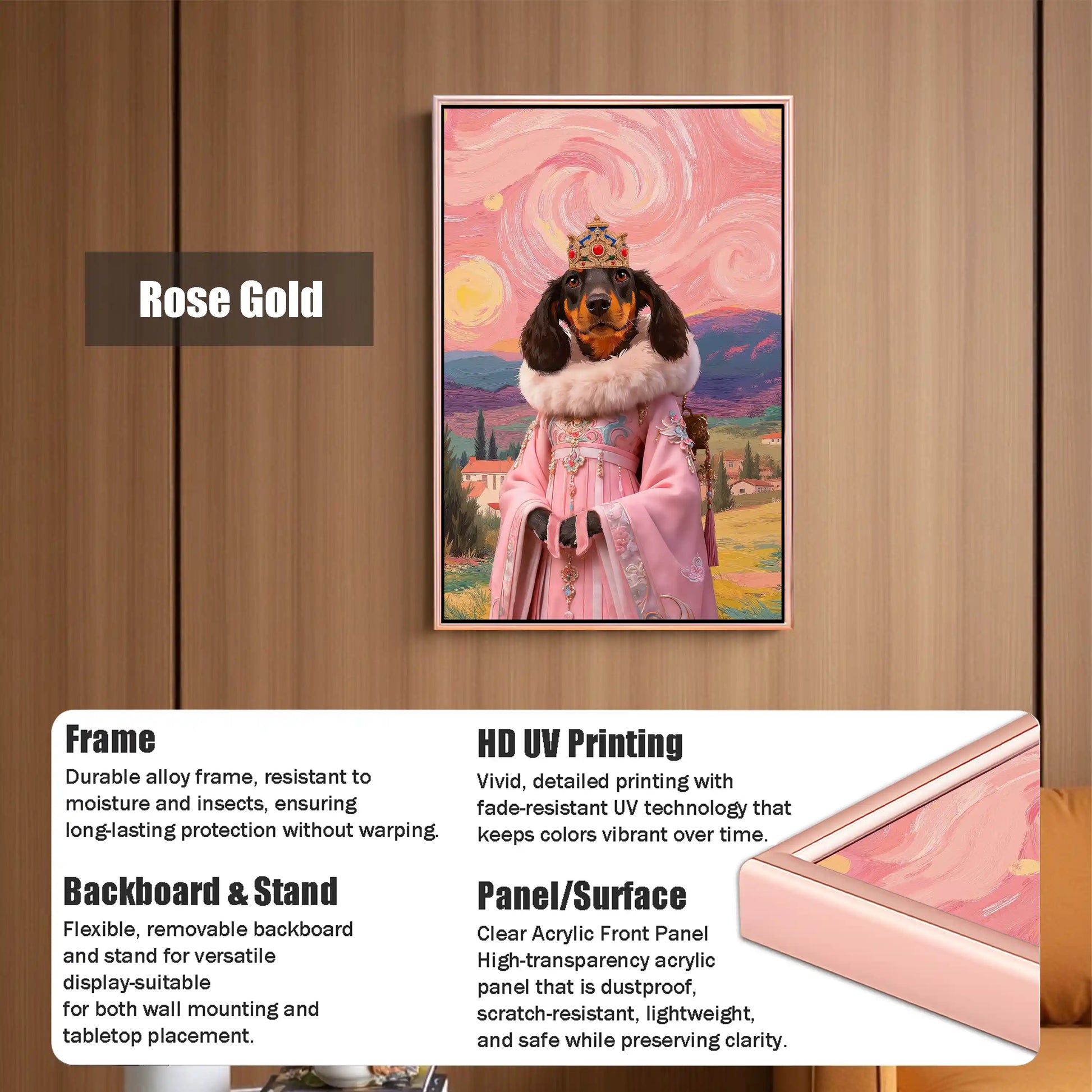Rose gold framed wall art featuring a dachshund dog portrait in a pink royal dress and crown against a whimsical Starry Night-style background.
