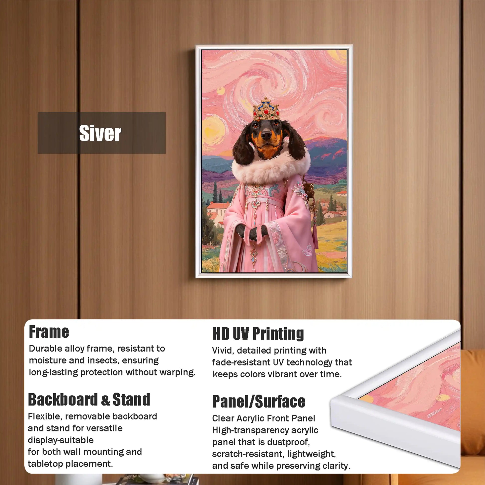 Framed art print featuring a royal dachshund dog in a pink gown with a crown against a swirling pink sky, showcasing product features including a durable frame, HD UV printing, and a versatile backboard and stand.