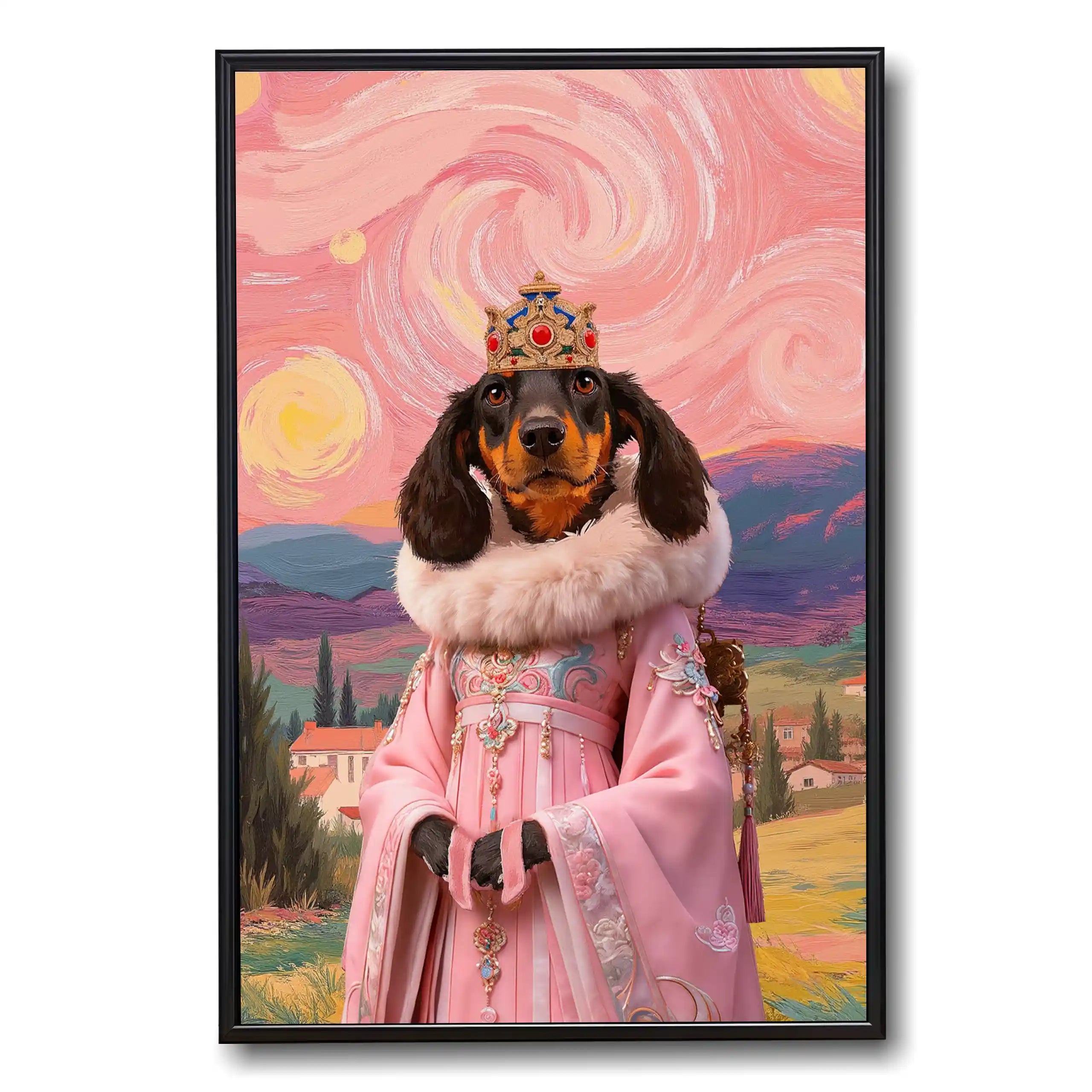Queen Sausage Dog Art Print, framed, depicting a regal dachshund in a pink royal gown and crown, against a vibrant Van Gogh-style landscape.