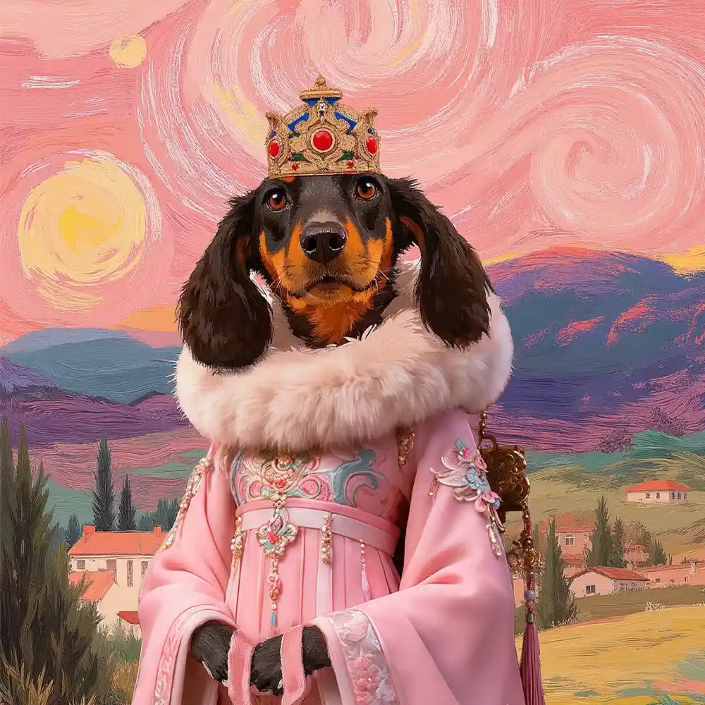 Dachshund dog royal portrait in a pink Hanfu-style dress with fur collar and golden crown, set against a whimsical Van Gogh-inspired landscape.