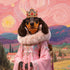 Dachshund dog royal portrait in a pink Hanfu-style dress with fur collar and golden crown, set against a whimsical Van Gogh-inspired landscape.